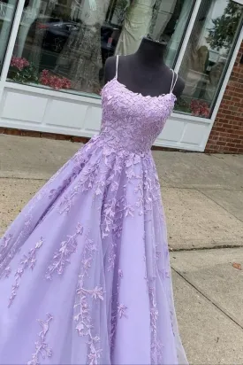 A Line Lavender Lace Appliqued Long Prom Dress Formal Gown