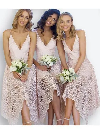 A-Line V-Neck Pearl Pink Lace Bridesmaid/Prom/Homecoming Dress BD053