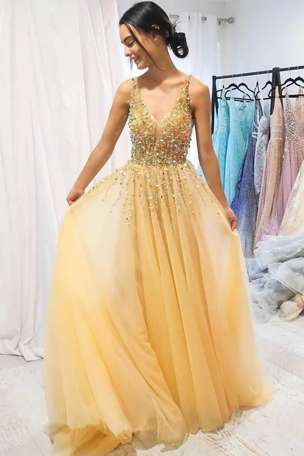 A-line V neck Yellow Sparkly Long Prom Dresses Gorgeous Formal Dresses PSK026