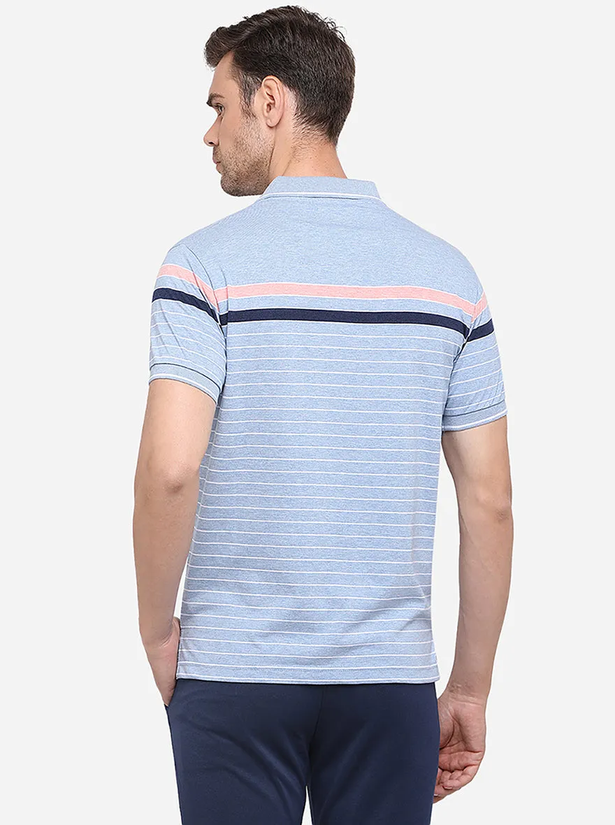 Air Blue Striped Slim Fit Polo T-Shirt | Greenfibre