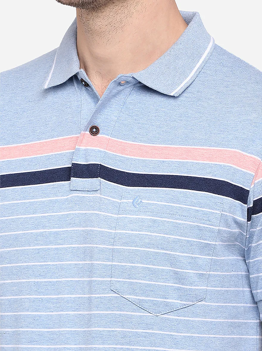 Air Blue Striped Slim Fit Polo T-Shirt | Greenfibre