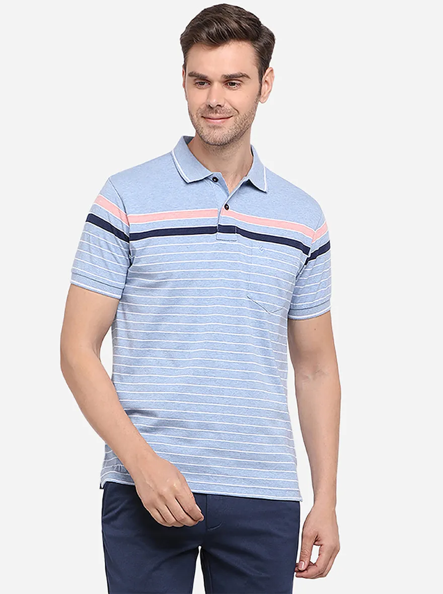 Air Blue Striped Slim Fit Polo T-Shirt | Greenfibre