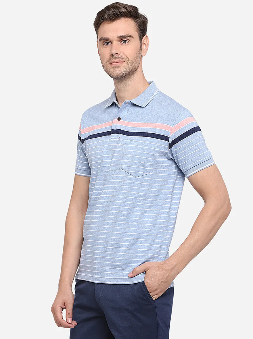 Air Blue Striped Slim Fit Polo T-Shirt | Greenfibre