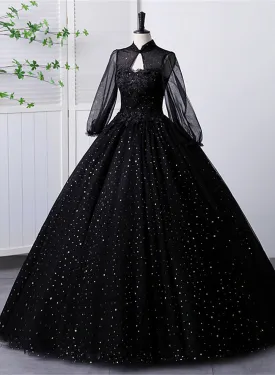 Black High Neckline Long Sleeves Tulle Sweet 16 Dress, Black Ball Gown Formal Dress