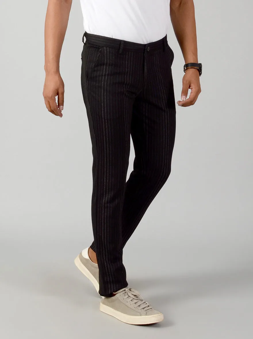 Black Striped Slim Fit Casual Trouser | JadeBlue