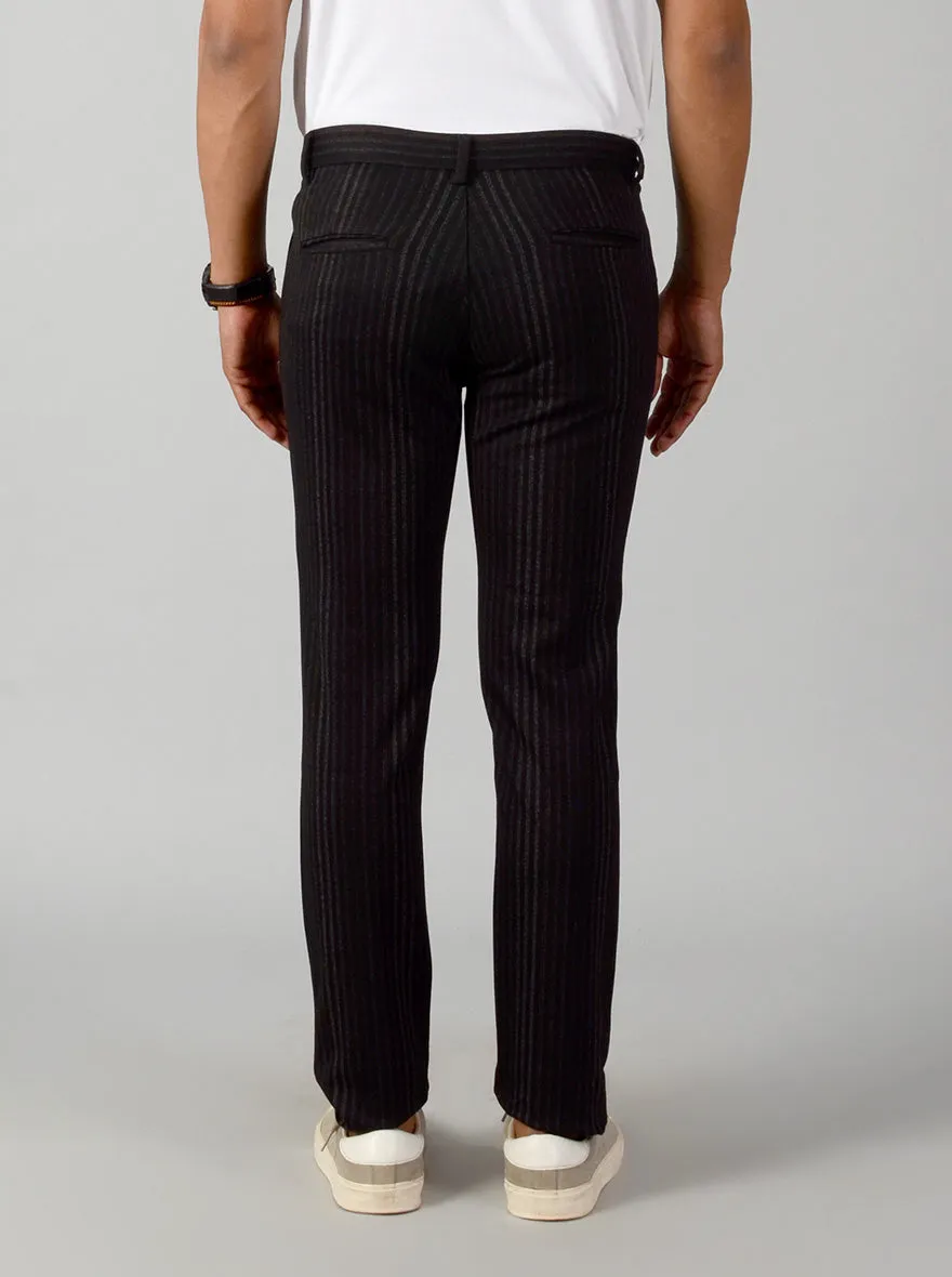 Black Striped Slim Fit Casual Trouser | JadeBlue