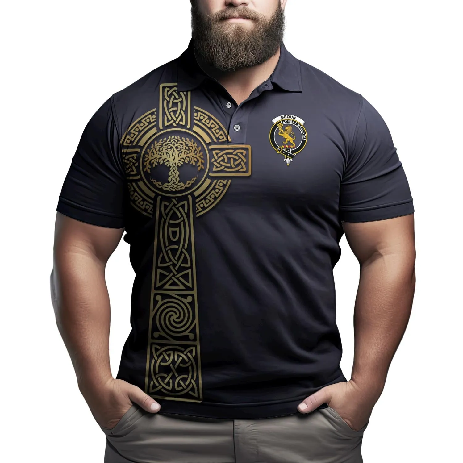 Broun Clan Polo Shirt with Golden Celtic Tree Of Life