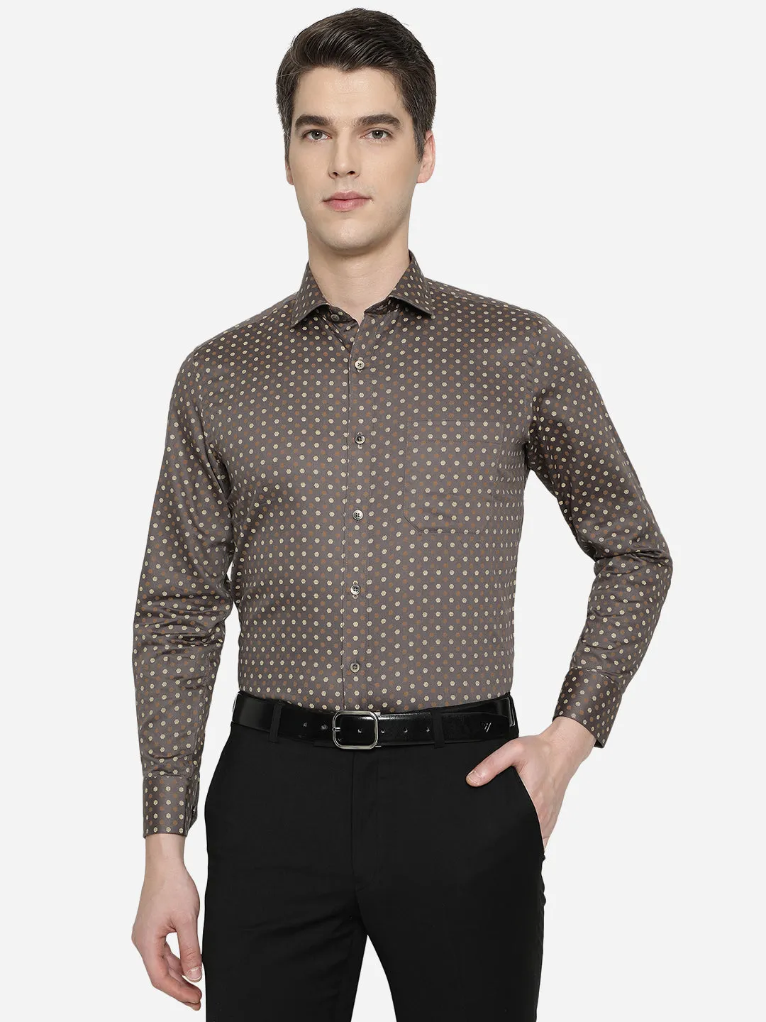 Brown & Beige Printed Slim Fit Formal Shirt | Greenfibre