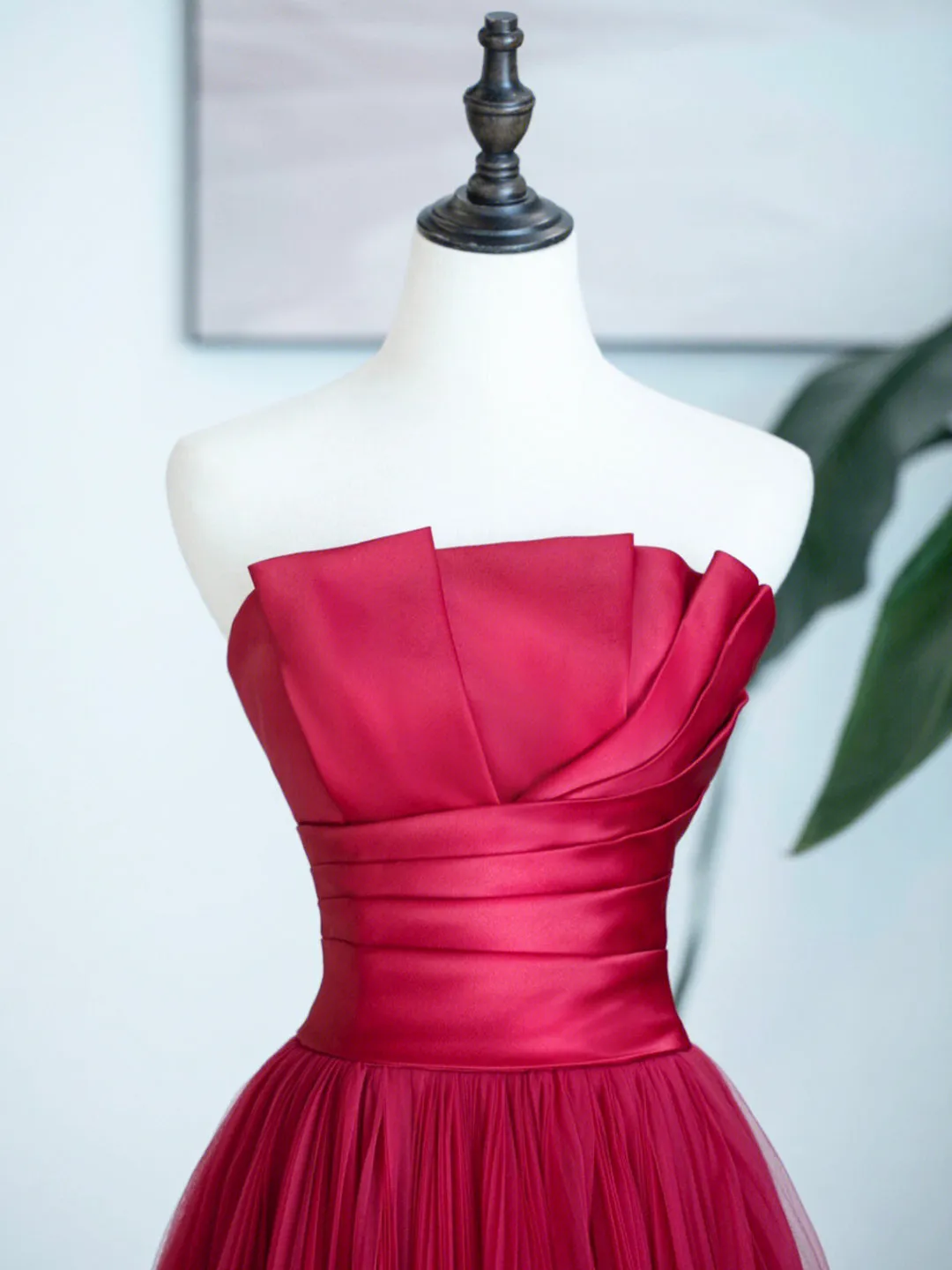 Burgundy Strapless Tulle Prom Dress Burgundy Long Formal Dress