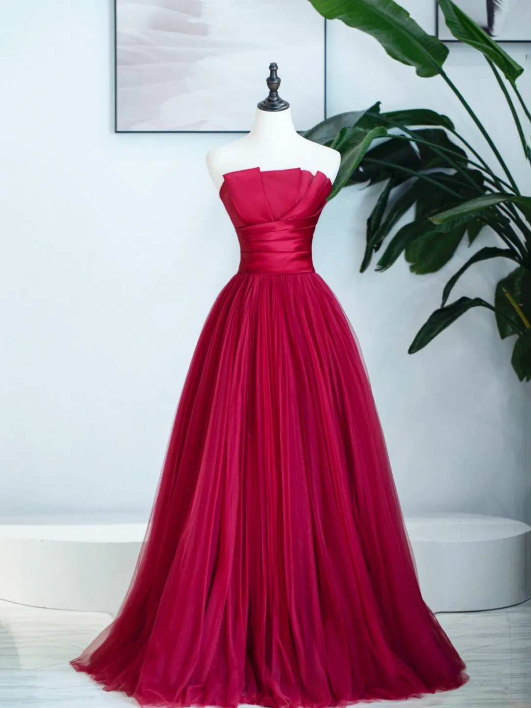 Burgundy Strapless Tulle Prom Dress Burgundy Long Formal Dress