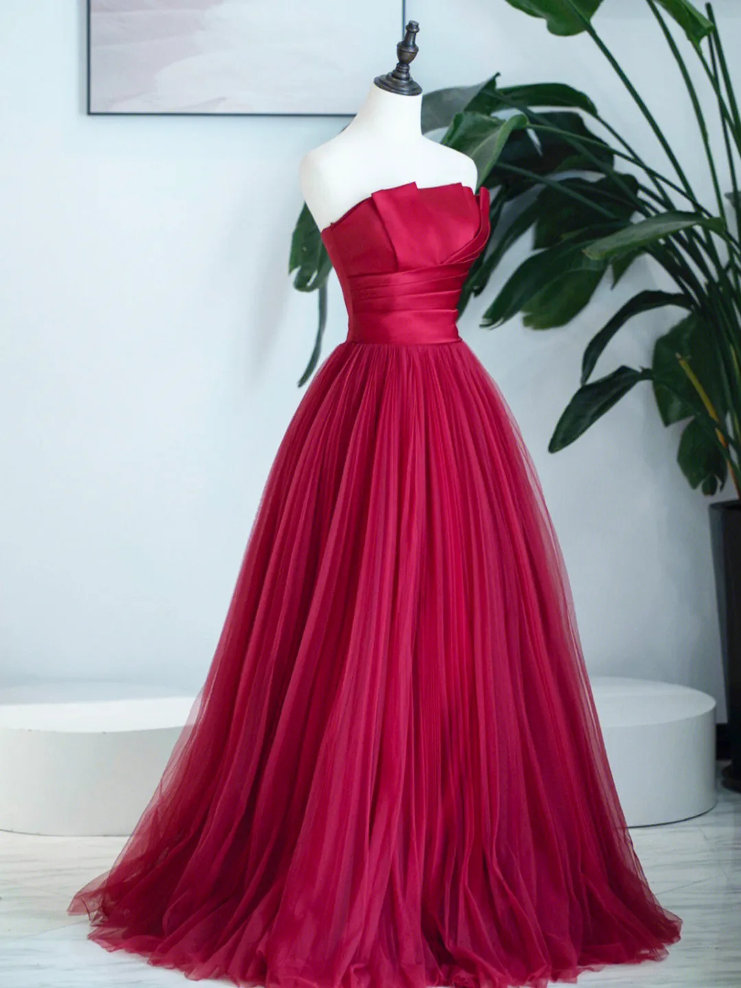 Burgundy Strapless Tulle Prom Dress Burgundy Long Formal Dress