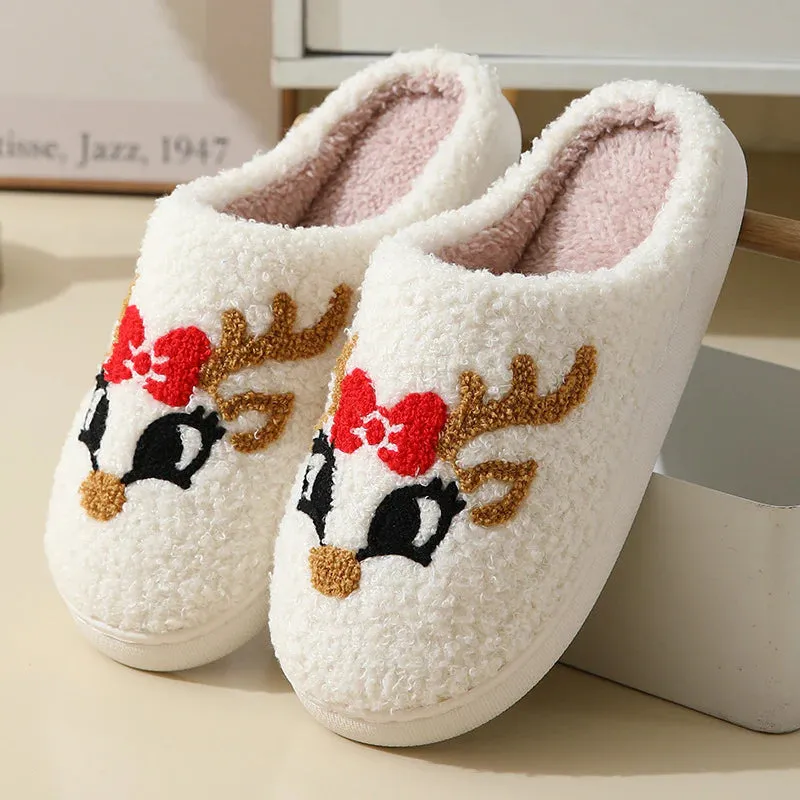 Christmas Home Slippers Cute Cartoon Santa Claus Cotton Slippers for Women and Men Couples Winter Warm Furry Shoes