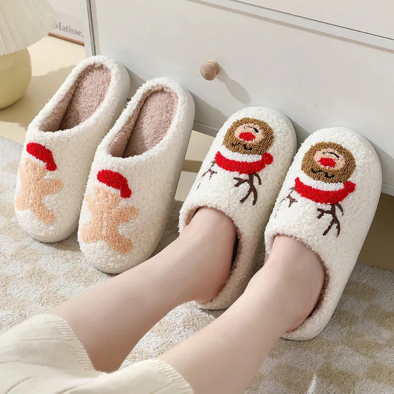 Christmas Home Slippers Cute Cartoon Santa Claus Cotton Slippers for Women and Men Couples Winter Warm Furry Shoes