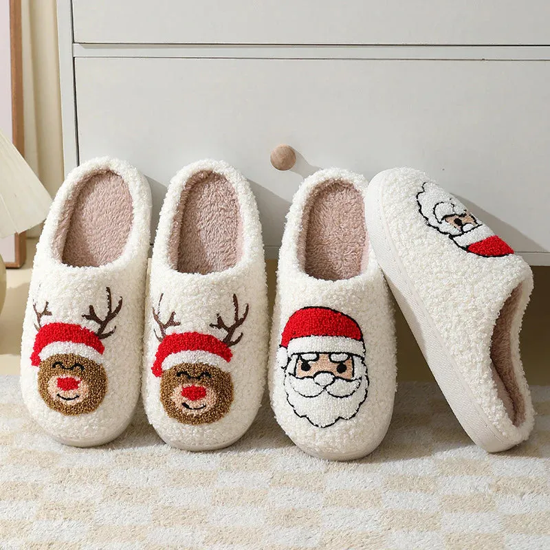 Christmas Home Slippers Cute Cartoon Santa Claus Cotton Slippers for Women and Men Couples Winter Warm Furry Shoes