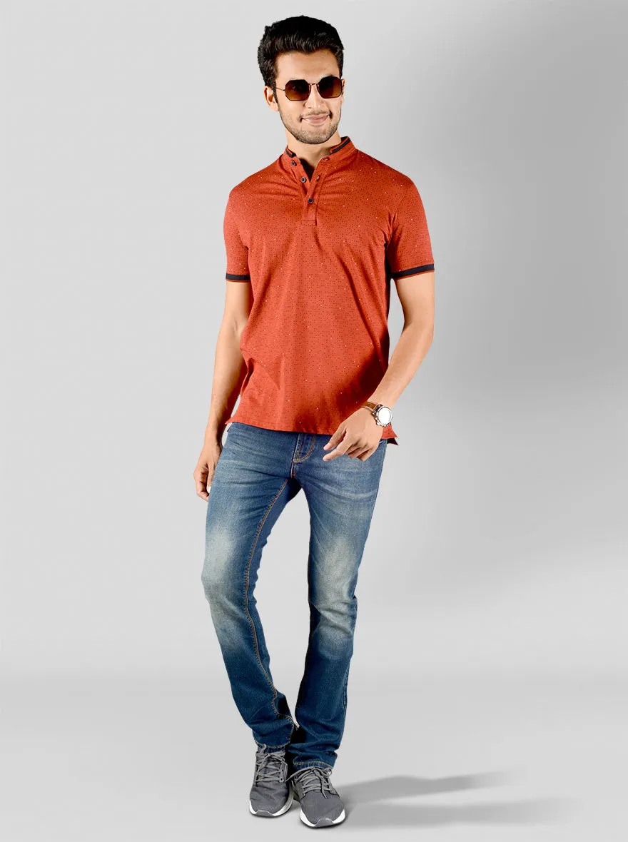 Cinnamon Red Printed Slim Fit Polo T-shirt | JadeBlue