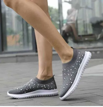 Cross-Border Amazon Large Size Rhinestone Elastic Socks Shoes Casual Men'S And Women'S Sports Shoes Md Bottom Flying Woven Breathable Light Shoes