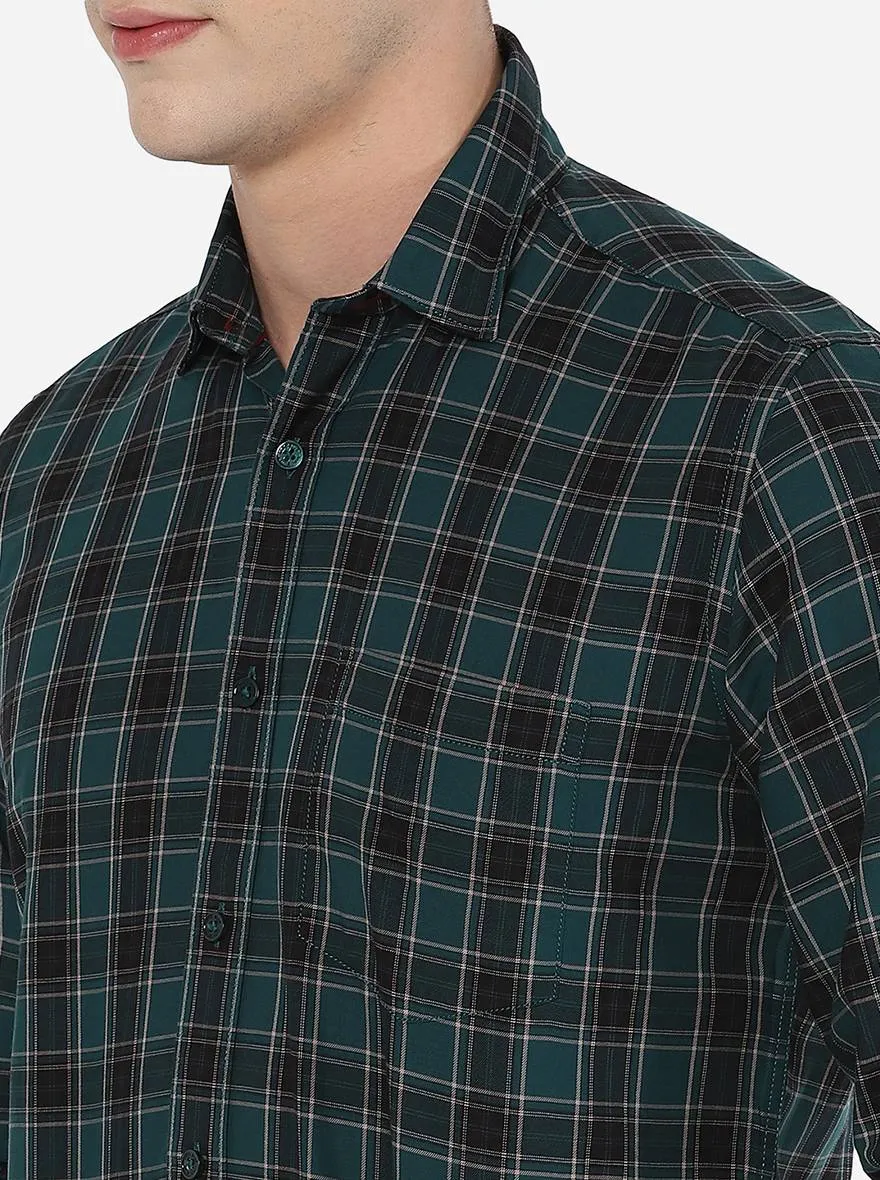 Dark Green & Black Checked Slim Fit Casual Shirt | JadeBlue