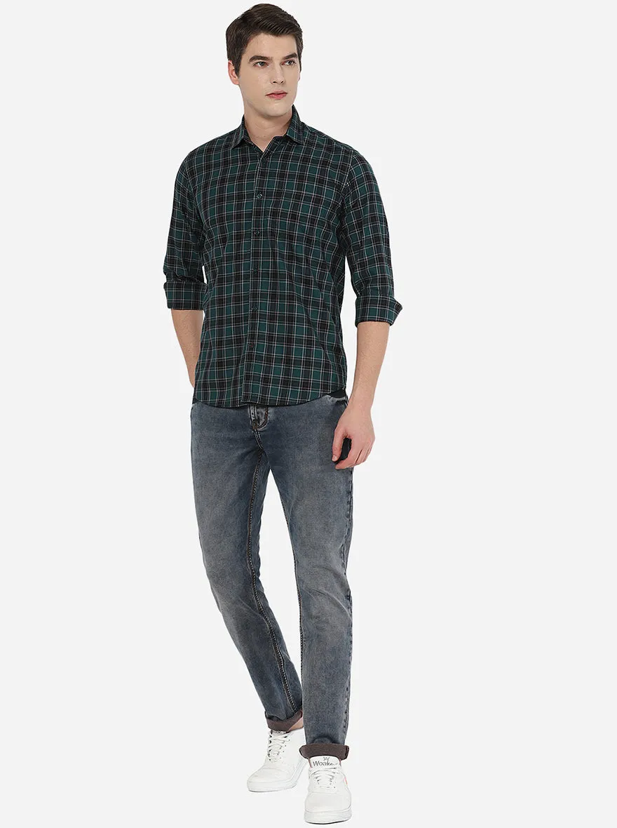 Dark Green & Black Checked Slim Fit Casual Shirt | JadeBlue