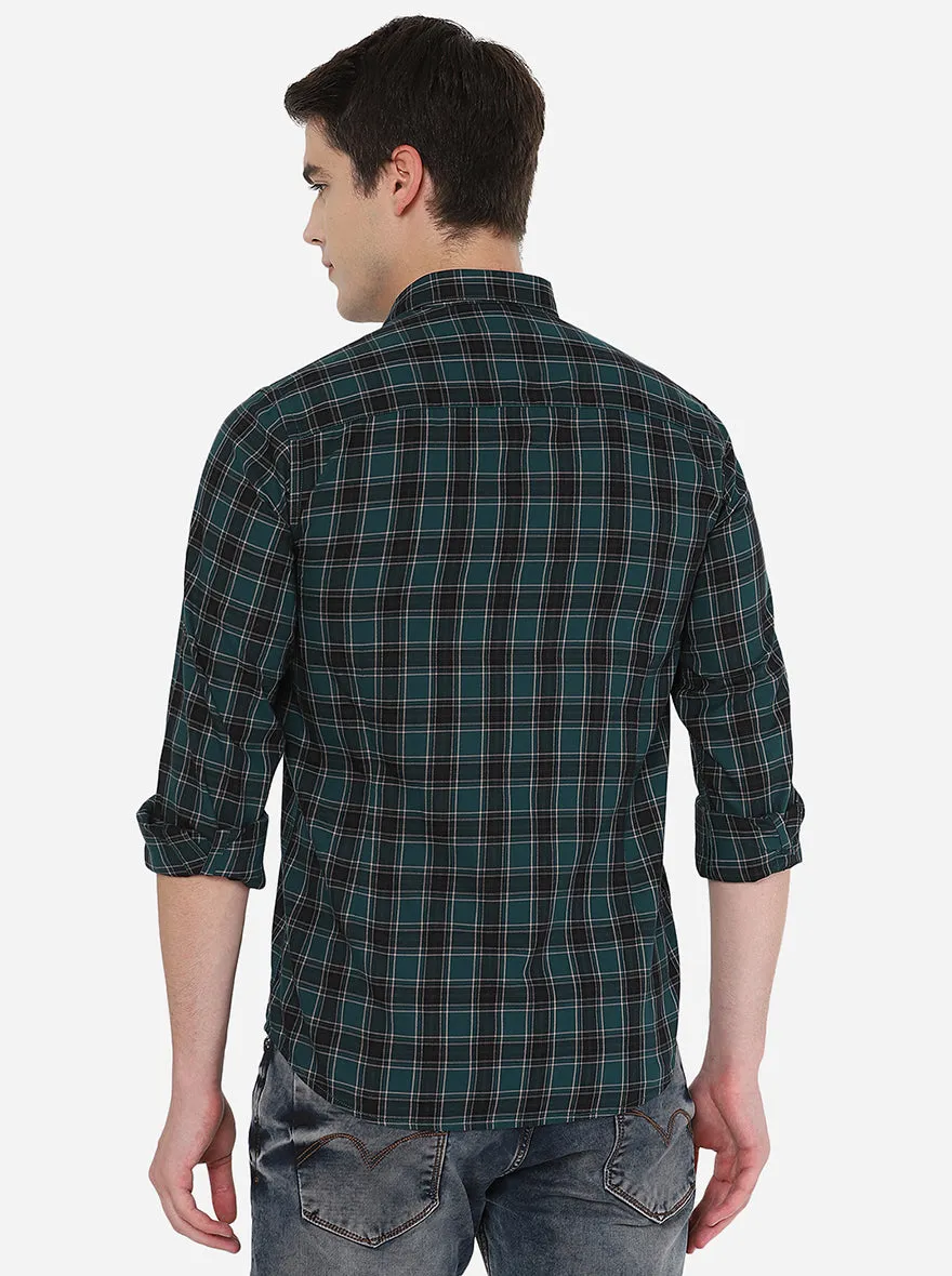 Dark Green & Black Checked Slim Fit Casual Shirt | JadeBlue