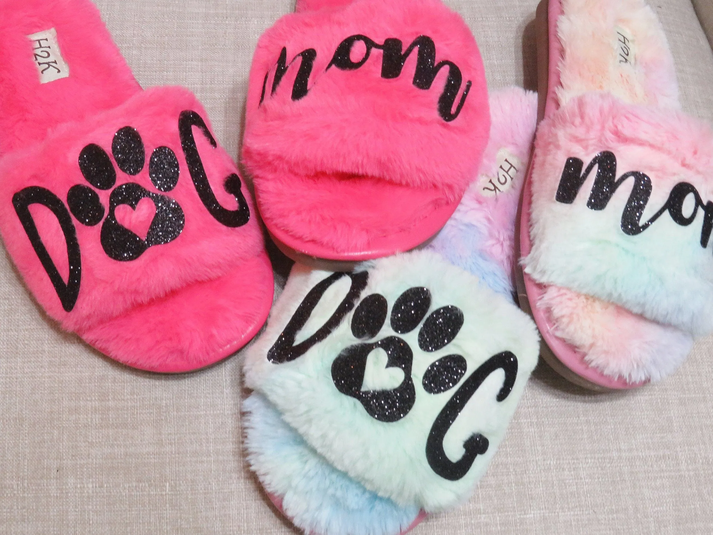 DOG MOM Fur slide /Dogmom furry shoes  rainbow slide shoes