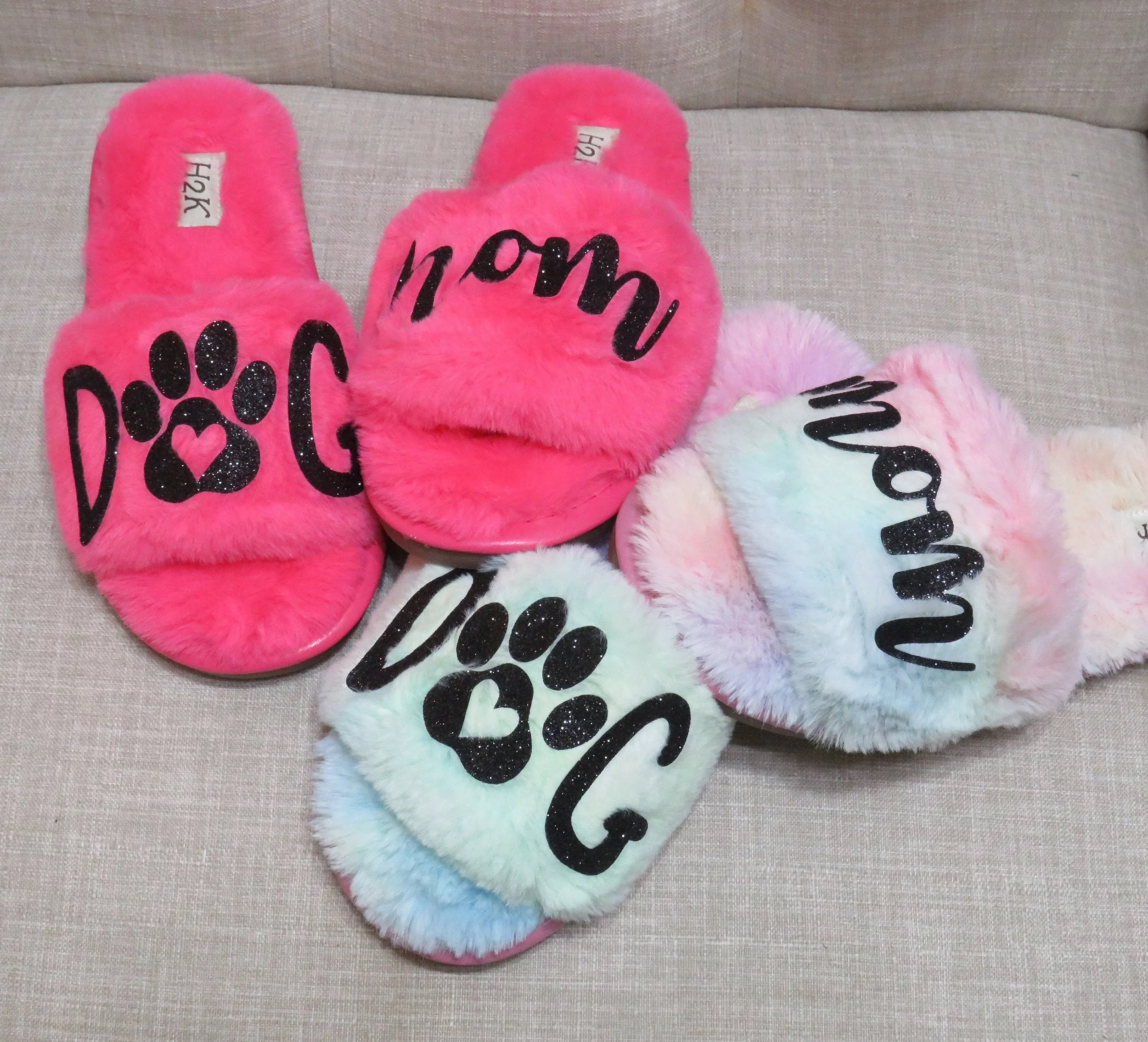 DOG MOM Fur slide /Dogmom furry shoes  rainbow slide shoes