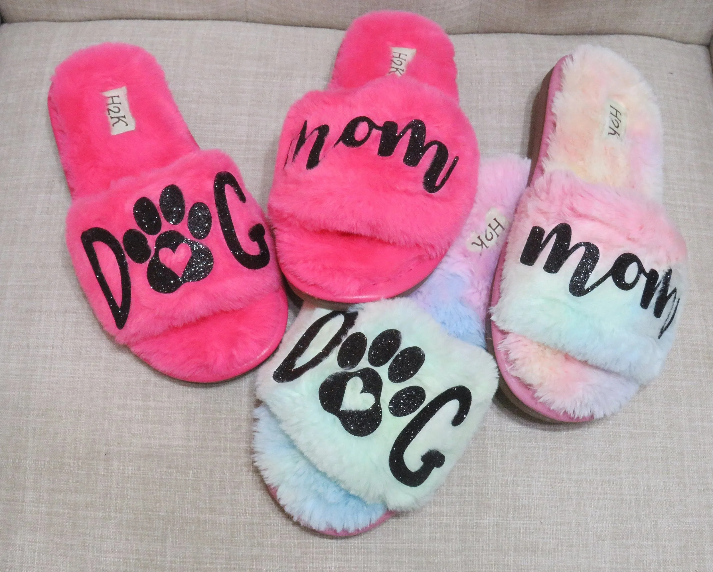 DOG MOM Fur slide /Dogmom furry shoes  rainbow slide shoes