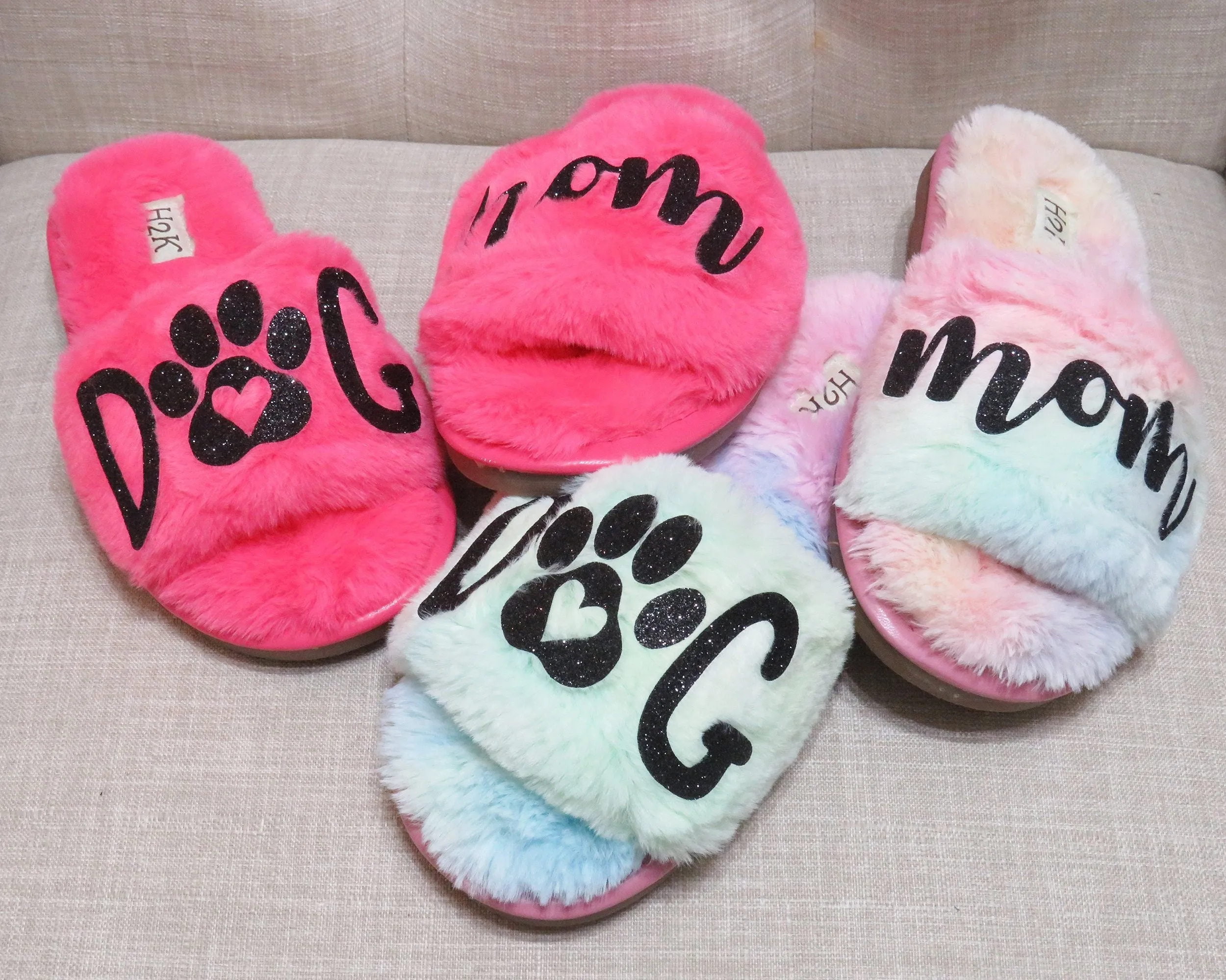 DOG MOM Fur slide /Dogmom furry shoes  rainbow slide shoes