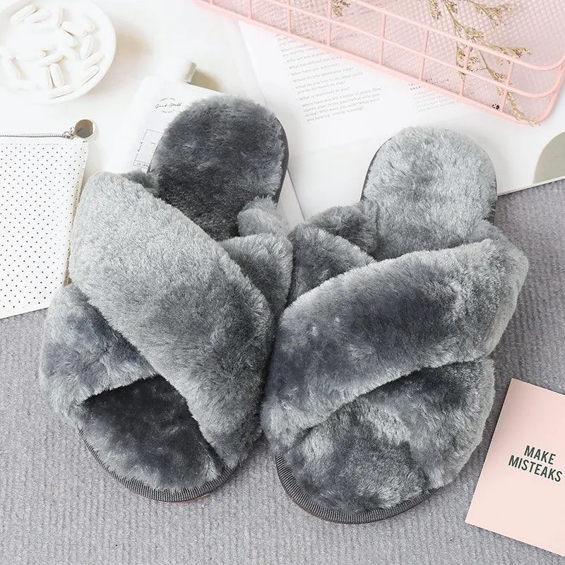 Faux Fur Crisscross Strap Slippers