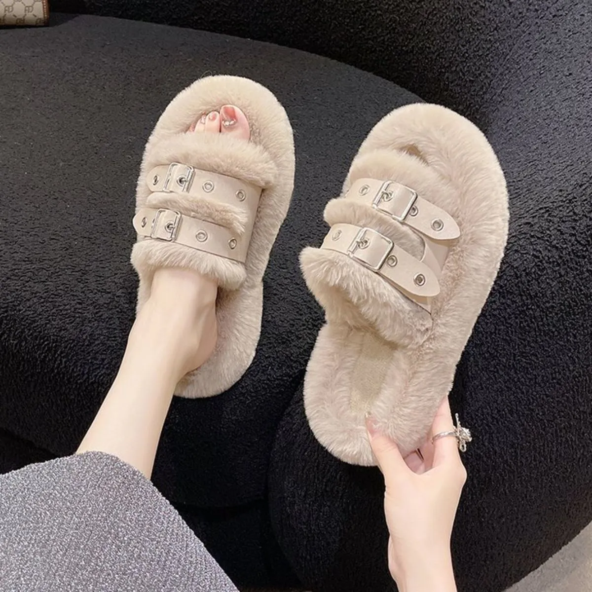 Faux Fur Furry Buckle Slippers