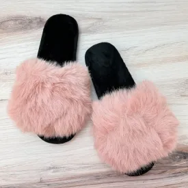 Faux Fur Plush Slides - Pink