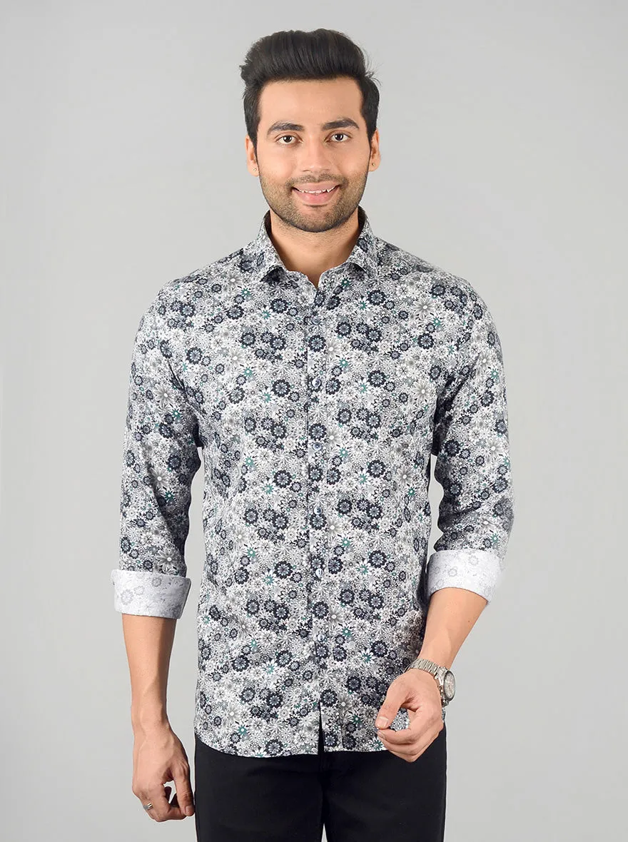 Grey & Blue Printed Slim Fit Party Wear Shirt | Wyre