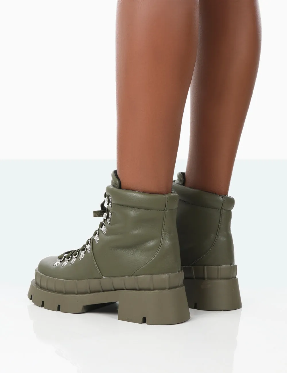 Hike There Khaki Pu Lace Up Chunky Sole Winter Boots