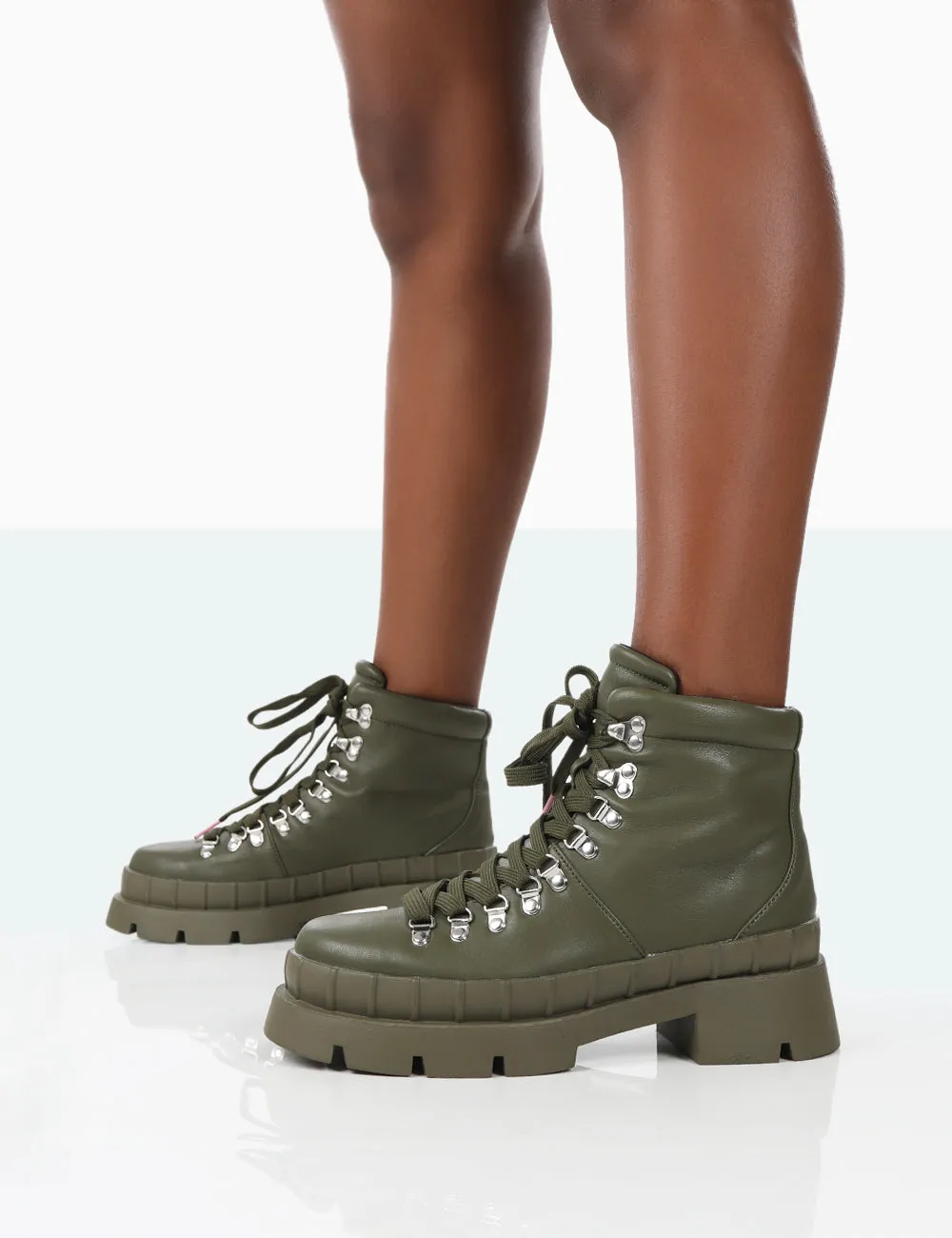 Hike There Khaki Pu Lace Up Chunky Sole Winter Boots