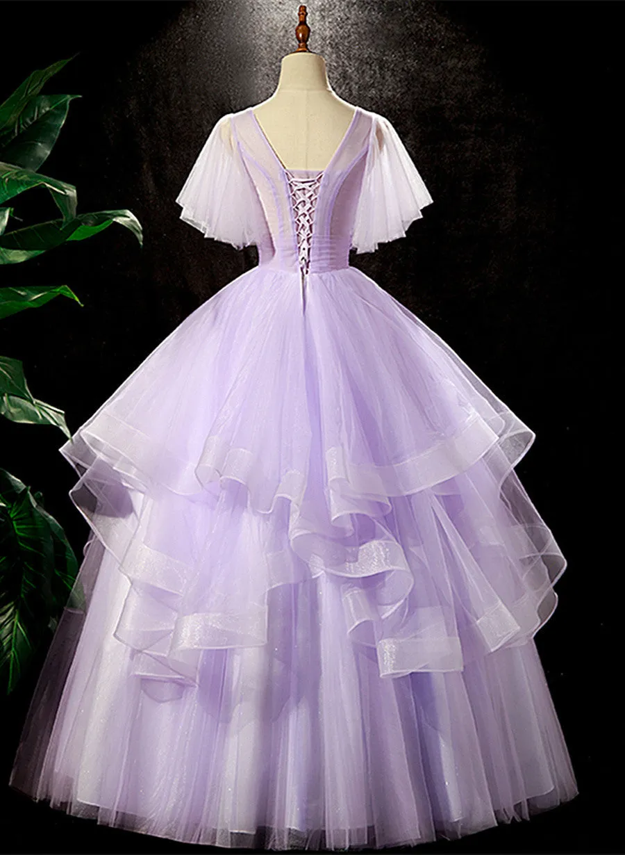 Lavender Tulle V-neckline Sweet 16 Dress with Flowers, Lavender Formal Dress Prom Dress