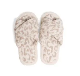 Leopard Criss Cross Fuzzy Slippers - Beige