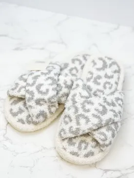 Leopard Criss Cross Fuzzy Slippers - Gray