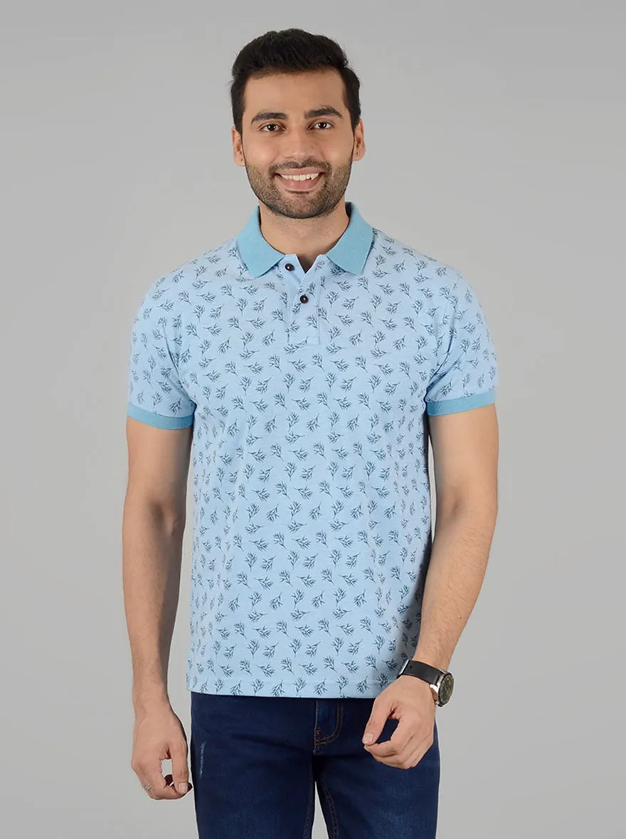 Light Blue Printed Slim Fit Polo T-Shirt | Greenfibre