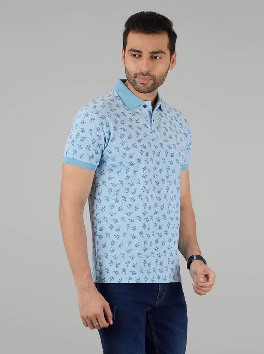 Light Blue Printed Slim Fit Polo T-Shirt | Greenfibre