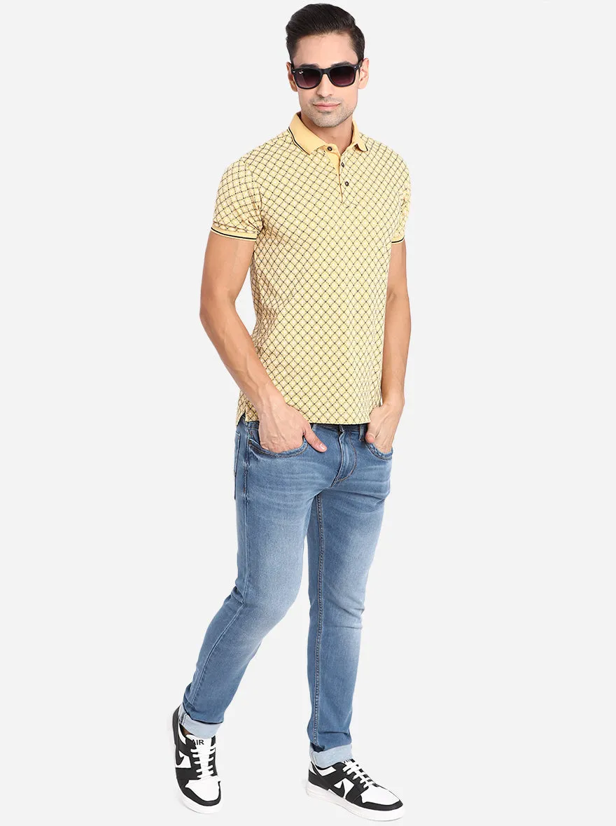 Light Yellow Printed Slim Fit Polo T-Shirt | JadeBlue