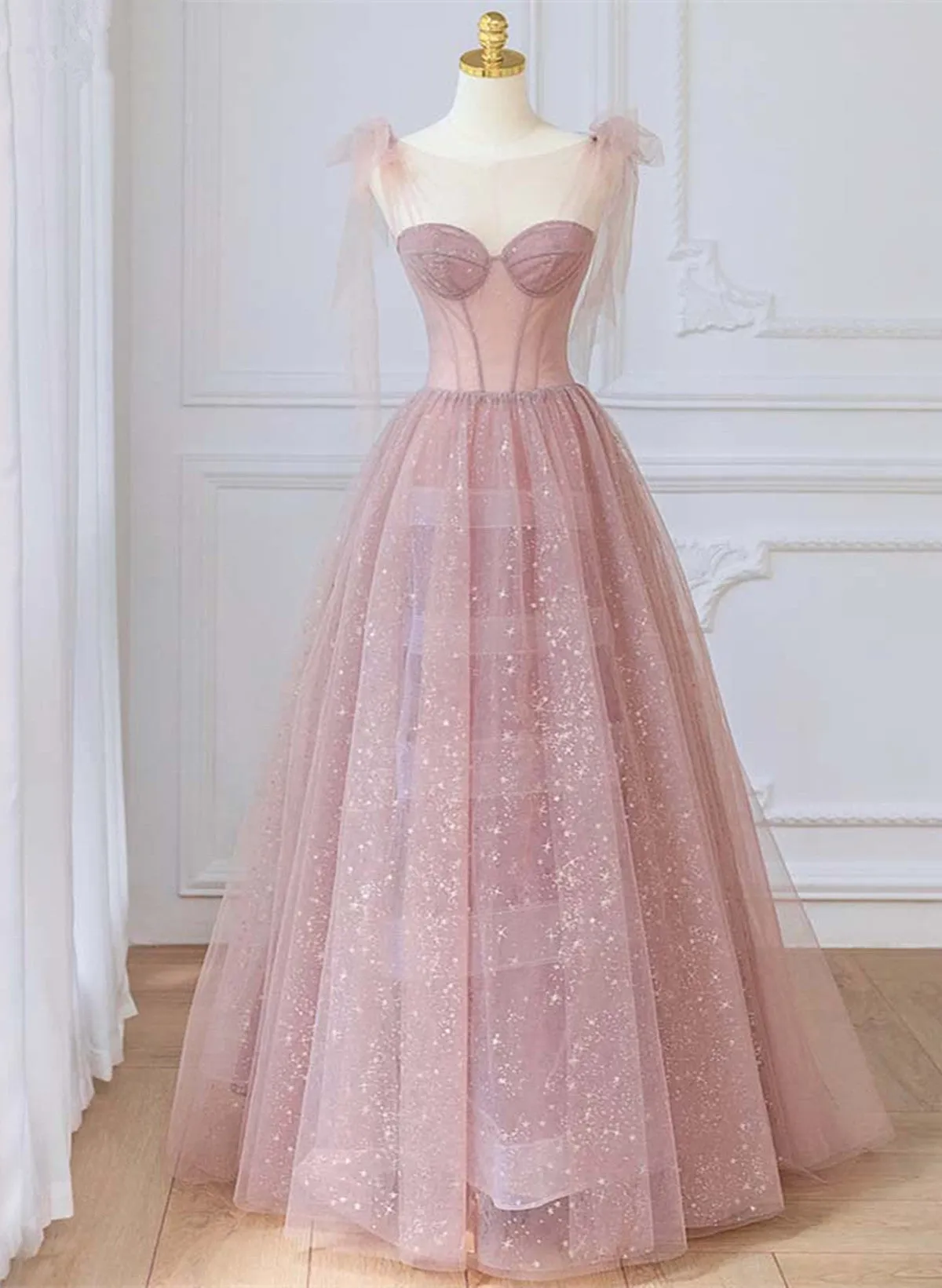 Lovely Shiny Tulle Pink Round Long Formal Dress Pink Tulle Prom Dress