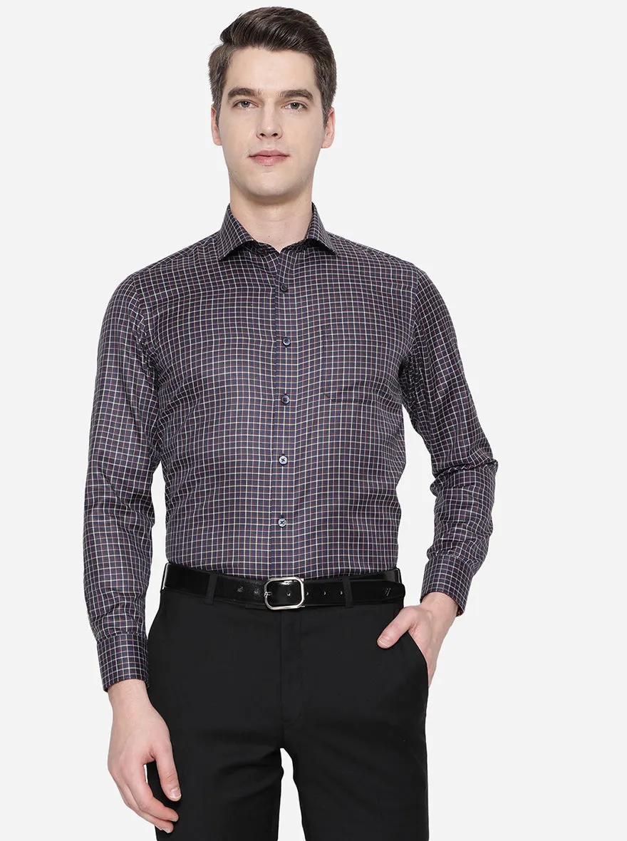 Navy Blue & Rust Checked Slim Fit Formal Shirt | Greenfibre