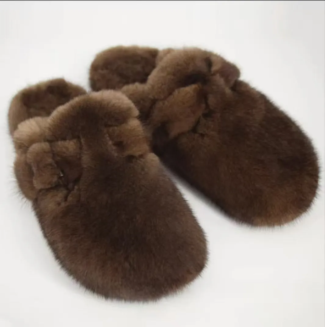 New Style Fur Slippers Ladies Winter Warm Shoes Real Mink Fur Slippers Household Furry Closed ToFlat Shoes