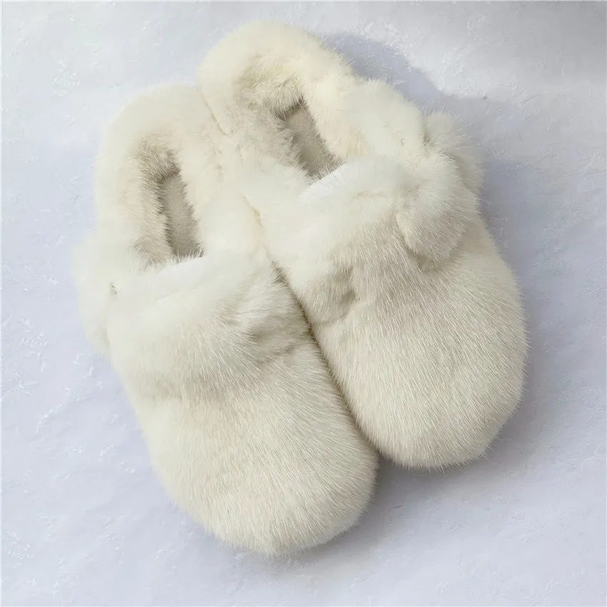 New Style Fur Slippers Ladies Winter Warm Shoes Real Mink Fur Slippers Household Furry Closed ToFlat Shoes