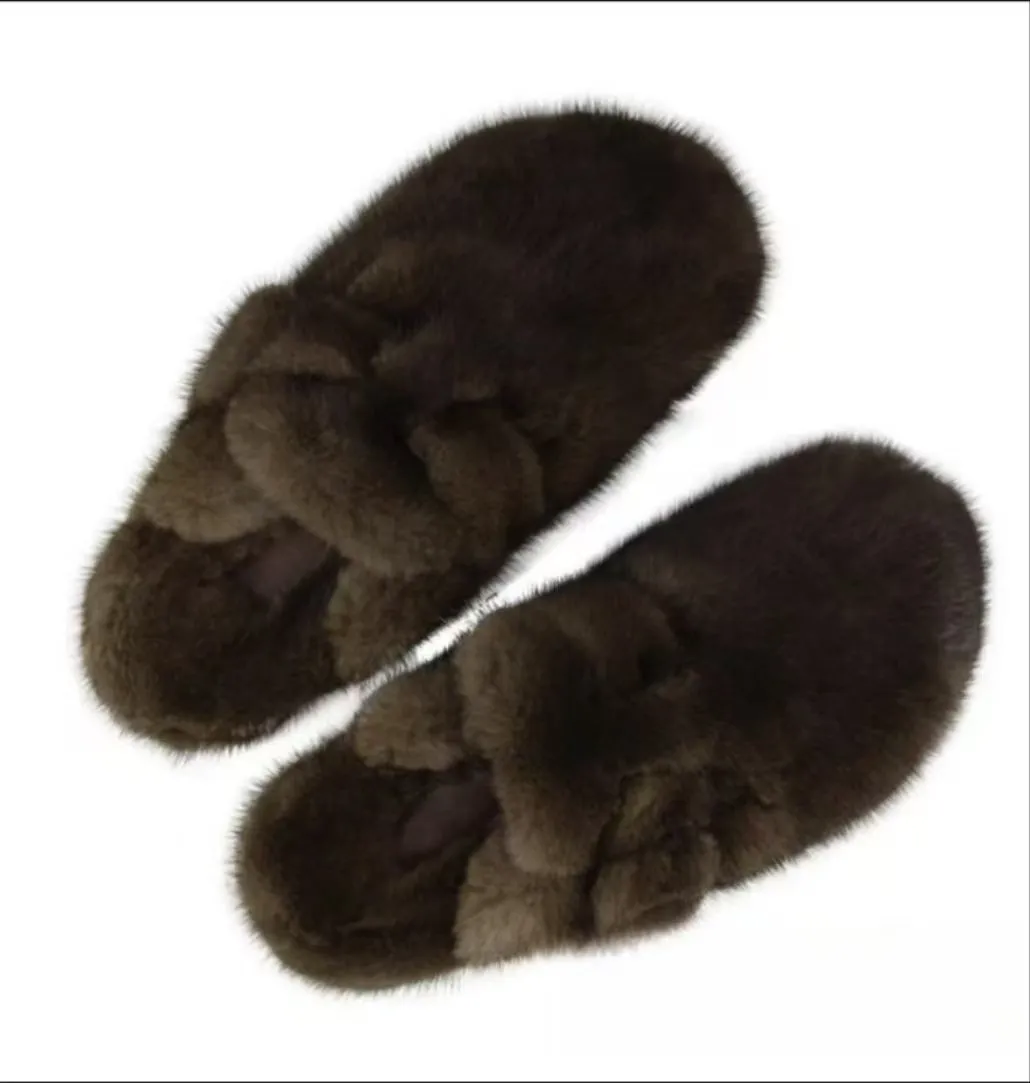 New Style Fur Slippers Ladies Winter Warm Shoes Real Mink Fur Slippers Household Furry Closed ToFlat Shoes