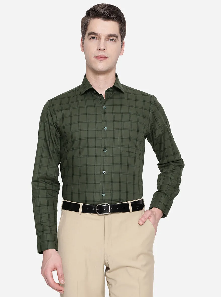 Olive Green Checked Slim Fit Formal Shirt | JadeBlue