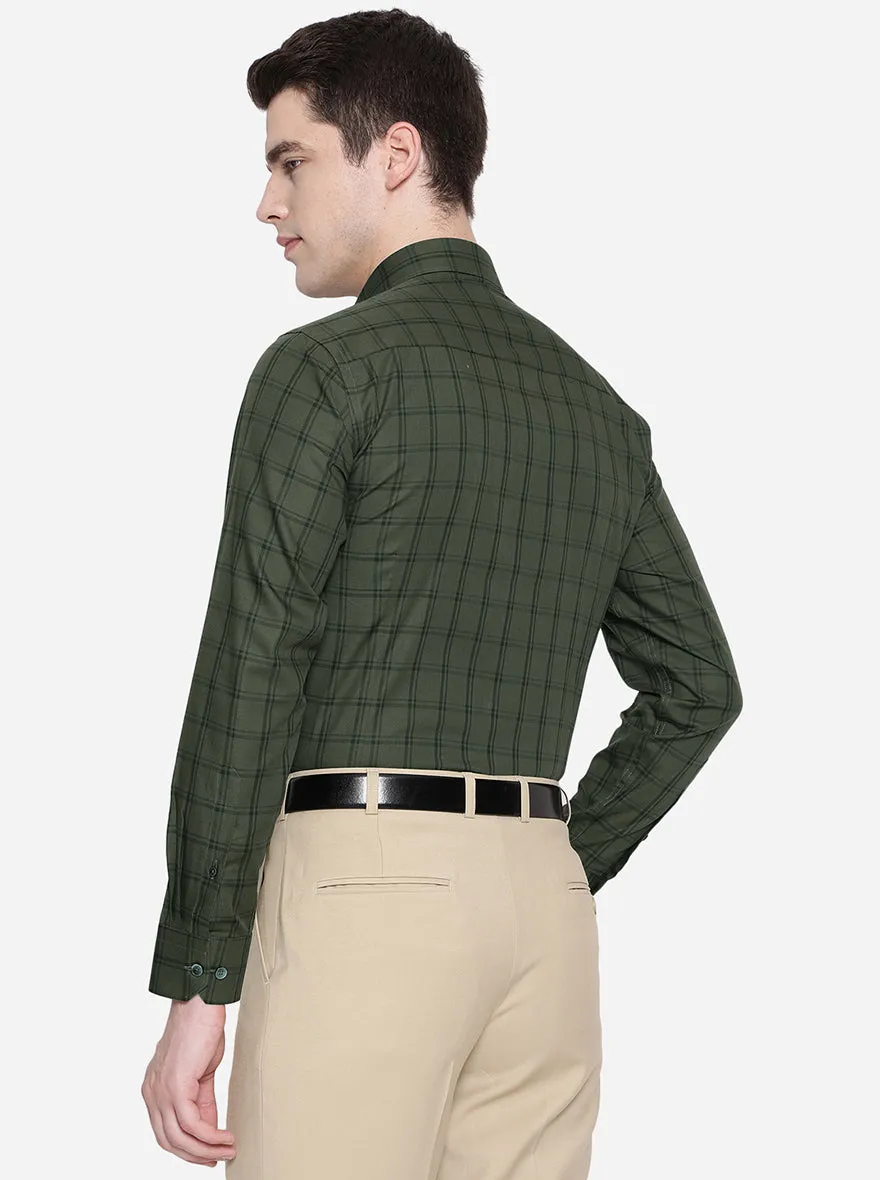 Olive Green Checked Slim Fit Formal Shirt | JadeBlue