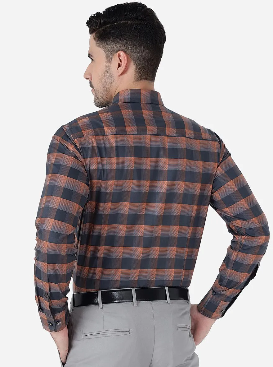 Orange & Black Checked Slim Fit Formal Shirt | Metal