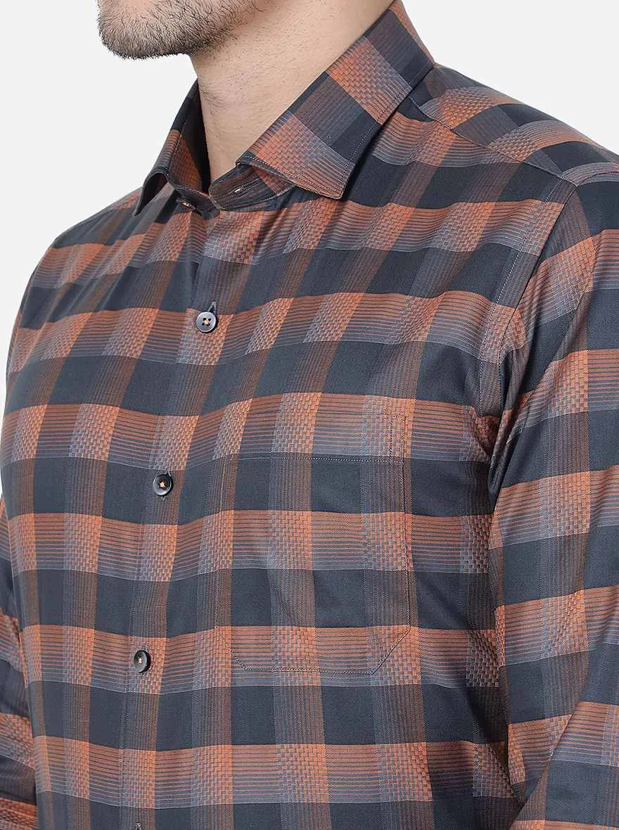 Orange & Black Checked Slim Fit Formal Shirt | Metal