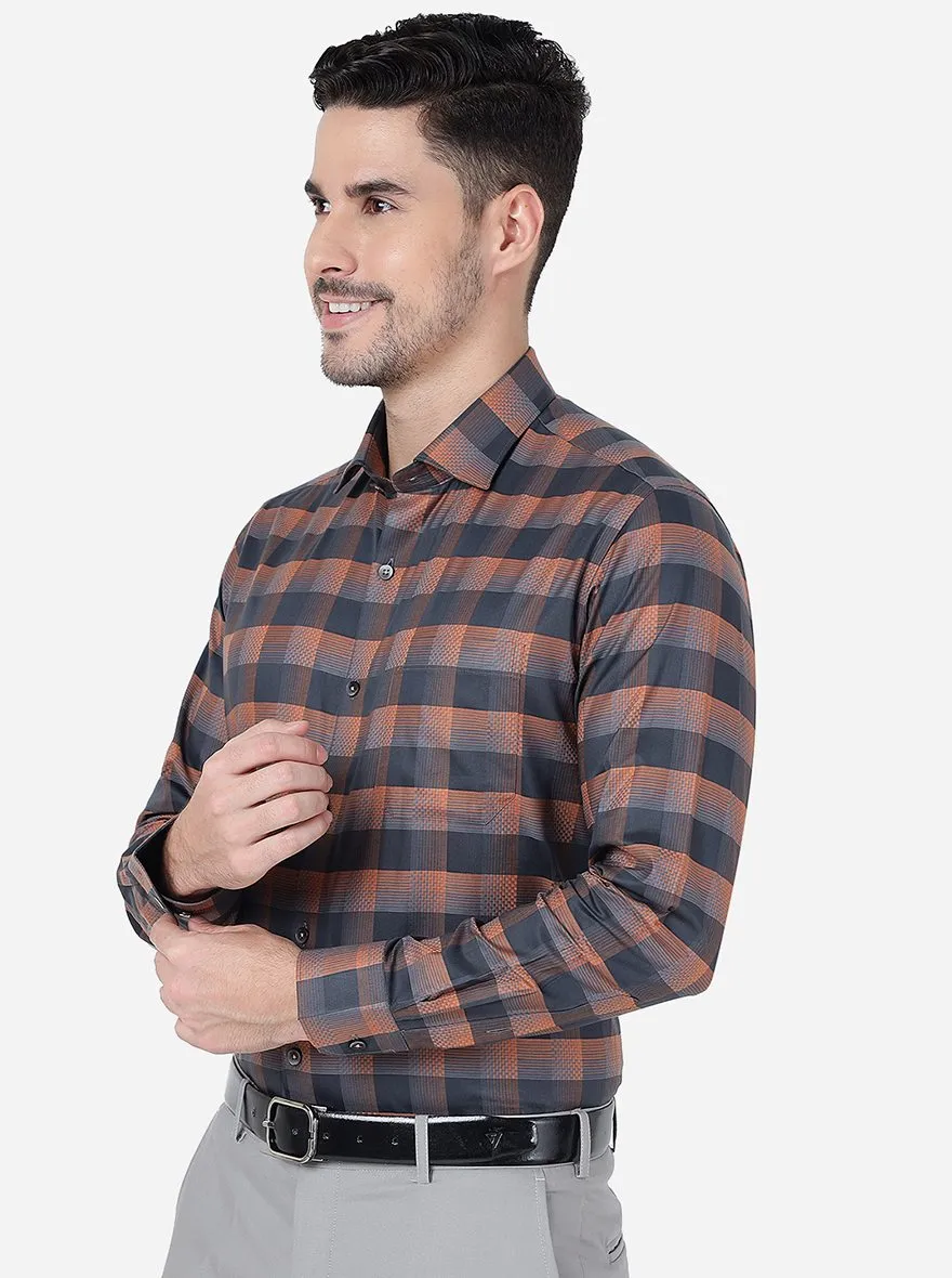 Orange & Black Checked Slim Fit Formal Shirt | Metal