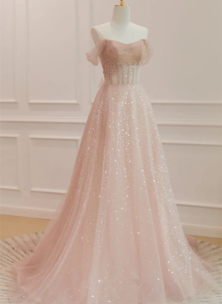 Pink Sparkle Tulle with Beadings Long A-line Formal Dress, Pink Tulle Sweetheart Prom Dress